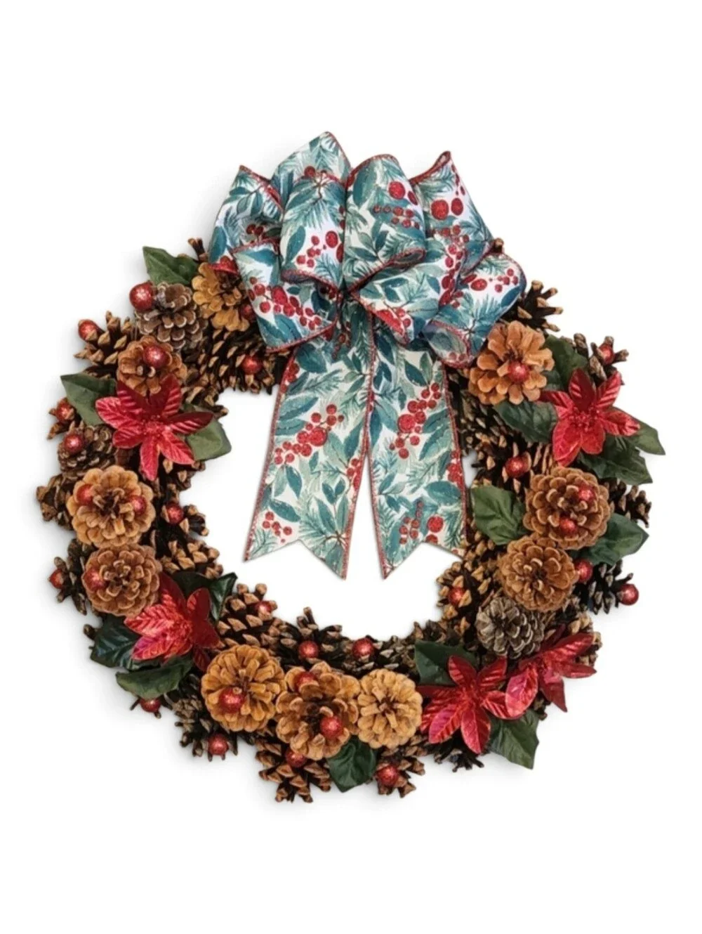 Handmade Rustic Red Poinsettia & Winter Greens Pinecone Wreath